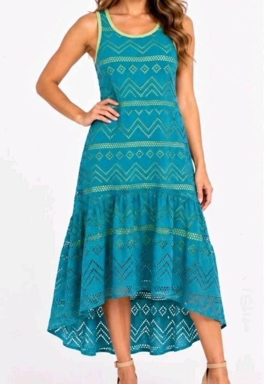 Girl's 2-HIP Teal Eyelet Lace High Low Maxi Dress Sleeveless Sz 10 NWT T100